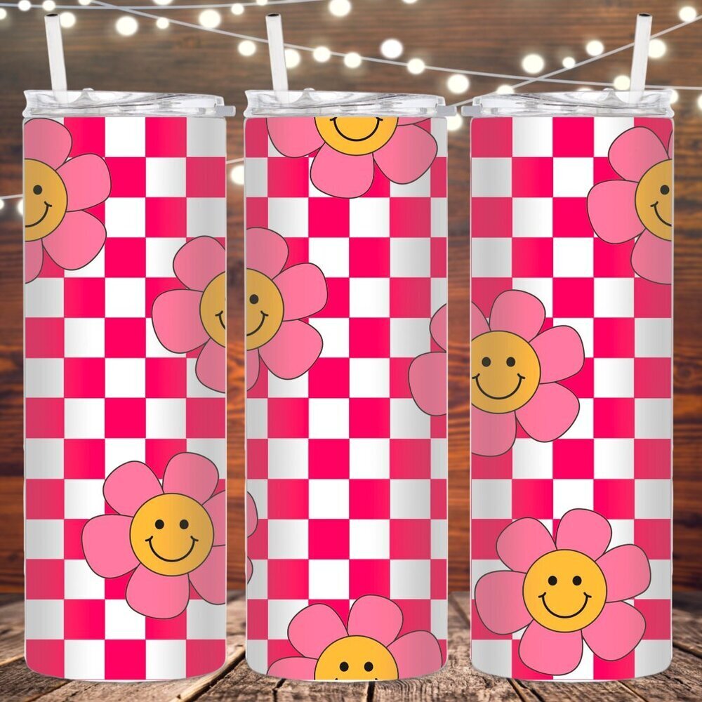 Pink Checkered Flower Metal Insulated Tumbler